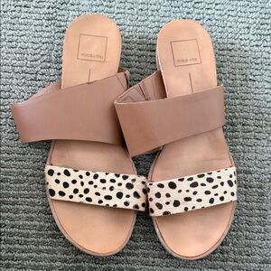 Dolce Vita Tan Leather Slide Sandals with Black Spot Accent